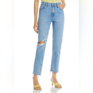 PAIGE STELLA Jeans Straight Crop High Rise Frayed Hem in Gnarly Destructed Sz 34